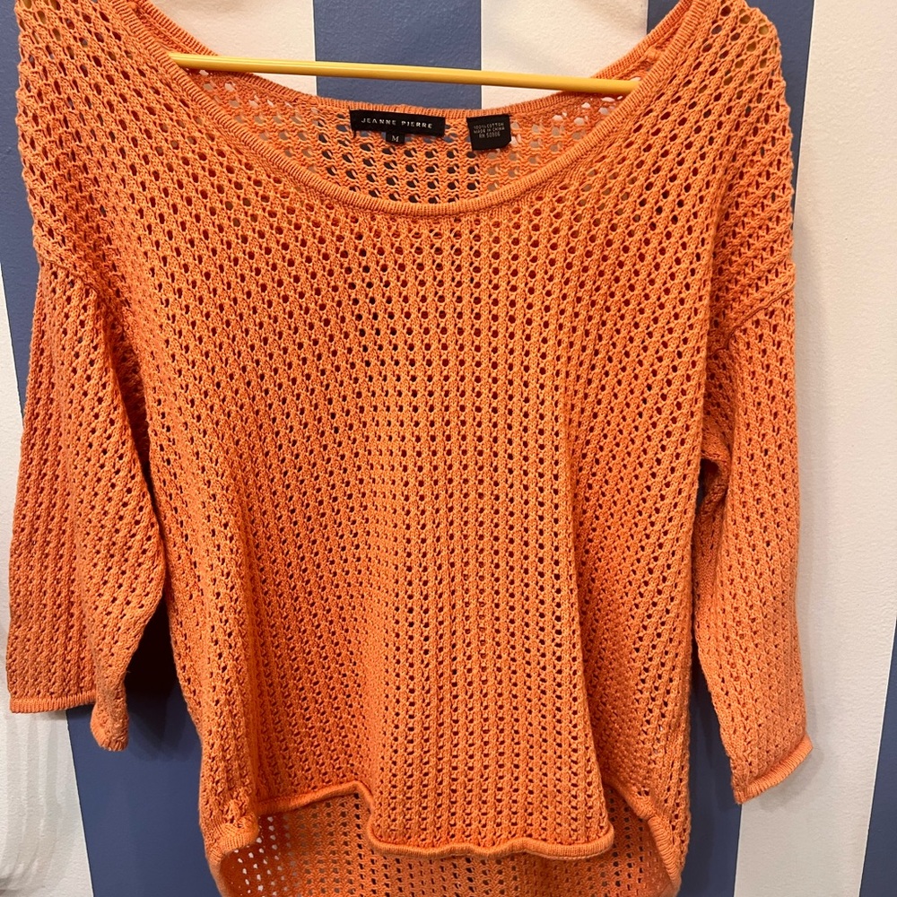 JEANNE PIERRE Orange Open-Knit - Scoop/Off Shoulder Swimsuit coverup - S